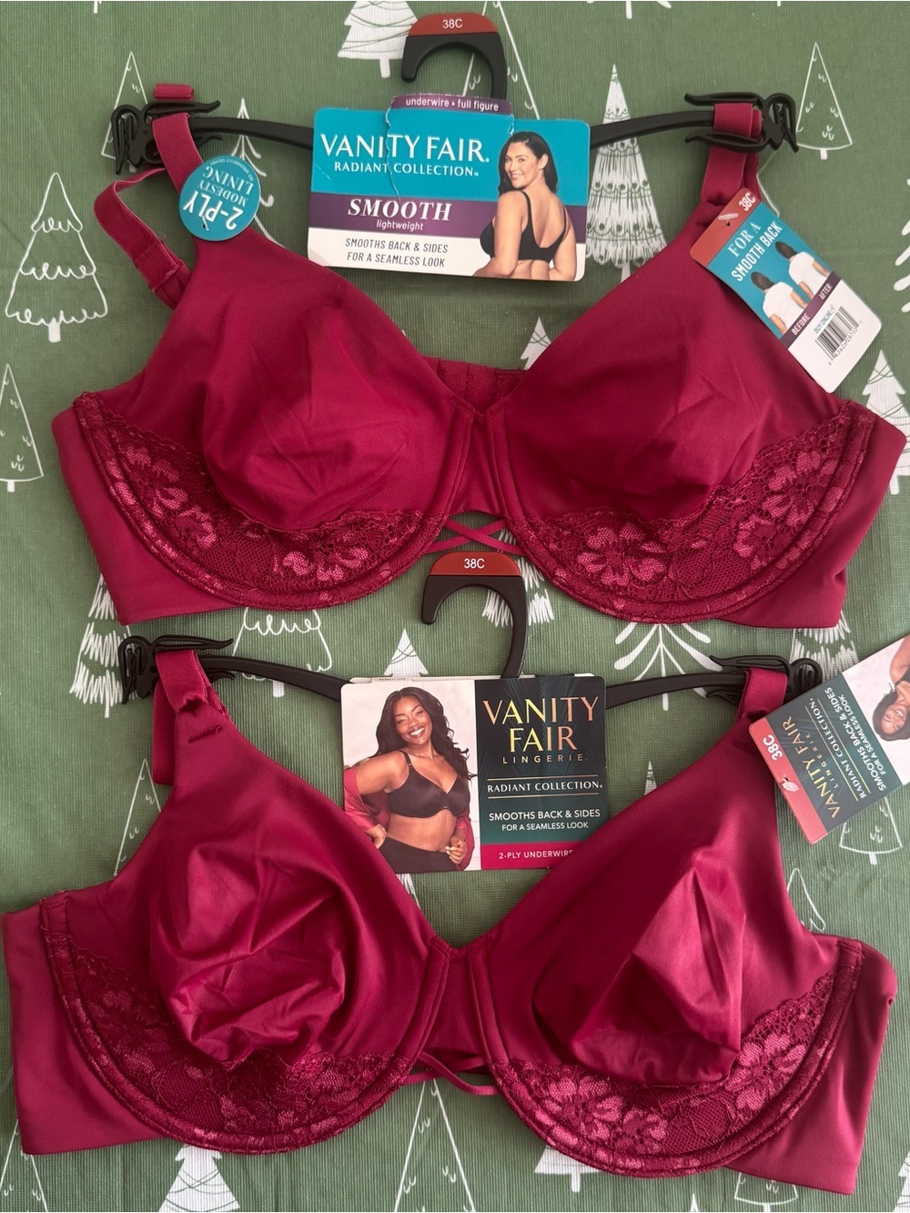 Vanity Fair Radiant Back Smoothing Underwire Bra 38C Magenta Red NWT Lot of 2
